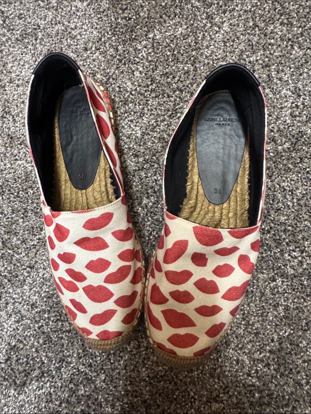 Saint Laurent Cream Espadrilles with Red Lip Print